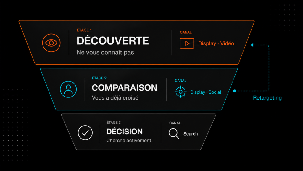 Framework du funnel publicitaire : où placer Google Display Ads, le retargeting et le Search selon l'intention du prospect