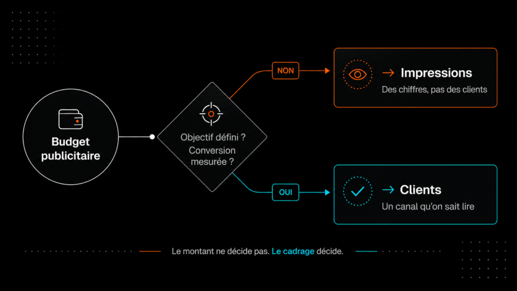 Schéma de la bifurcation entre un budget Google Display Ads qui produit des impressions et un budget qui produit des clients
