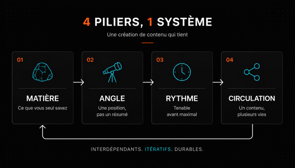 Framework de création de contenu en 4 piliers pour PME : matière, angle, rythme, circulation