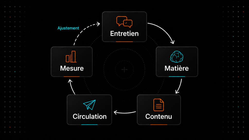 Schéma de la boucle de création de contenu : entretien, matière, contenu, circulation, mesure