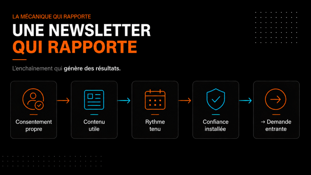 Schéma de la mécanique d'une newsletter efficace : du consentement à la demande entrante