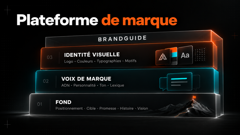 Framework de la plateforme de marque en trois étages : fond, voix de marque et identité visuelle réunis dans un BrandGuide